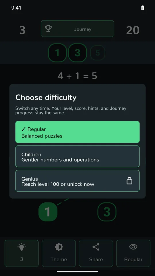 Choose difficulty dialog with Regular, Children and Genius